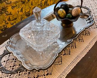Crystal candy dish, silver tray