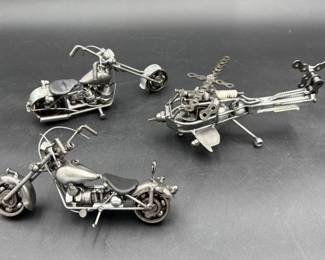 Metal Sculptures Of Helicopter & 2~ Motorcycles * New With Tags