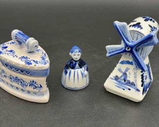 Vintage Hand Painted Porcelain Dutch Iron Trinket Box, Windmill & Figurine * 2 Marked As Delft Blue