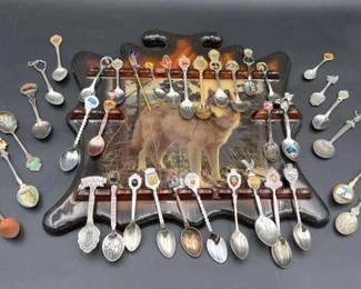 Lot Of Souvenir Spoons & Decorative Stand W/ Wolf Detail