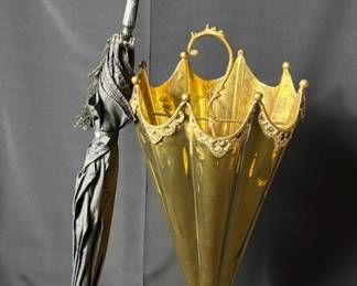 Beautiful Vintage Metal Umbrella Stand & Black Umbrella