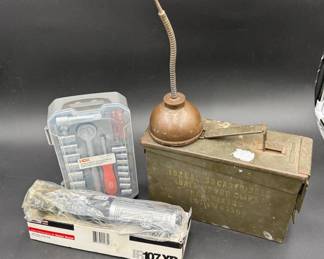 Antique Military Ammo Box & Oil Can * Ingersoll-Rand Ratchet Wrench * 35 Piece Socket & Bit Set