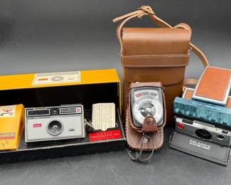 Vintage Polaroid SX-70 Land Camera, Gossen Super Pilot Light Meter & Kodak Instamatic 100 Outfit