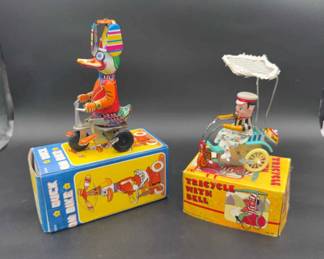 2~ Vintage Metal Windup Toys W/ Original Boxes! * Duck On Bike, Tricycle With Bell