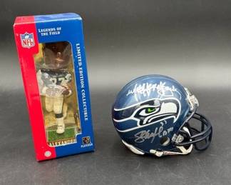 NFL Seattle Seahawk’s Autographed Helmet & NEW Alexander Bobblehead