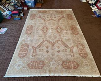Turkish hand-knotted area rug with abstract floral and geometric motif in light warm colors (approx. 6' x 9')