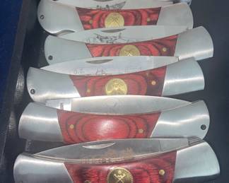 American Mint U.S. Military Commemorative folding pocket knives; wood handle
