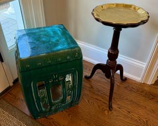 Turquoise garden stool and English Georgian style brass tray tripod drinks table
