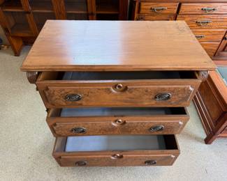 Victorian style walnut/burled wood 3-drawer dresser