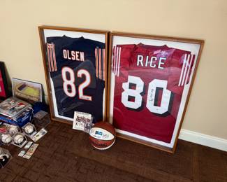 Greg Olsen and Jerry Rice autographed, framed jerseys; with COA's