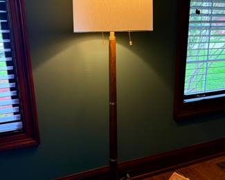 Wood & brass tall floor lamp with mid century vibe