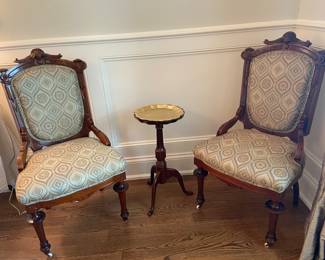 Antique upholstered chairs on casters