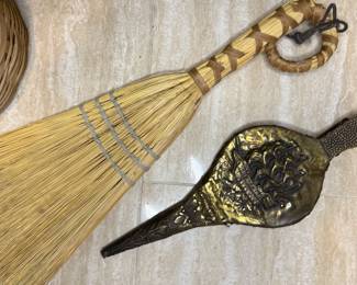 Vintage fireplace broom and brass plated billows