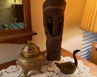 Vintage Vanuatu totem statue and Indian brass incense holder.