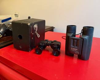 Brownie camera, binoculars (canon)