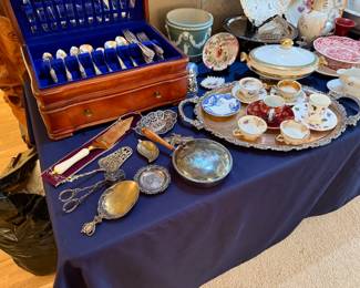 Silver plate, assorted china and porcelain dishes