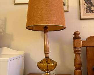 vintage amber glass and wood table lamp