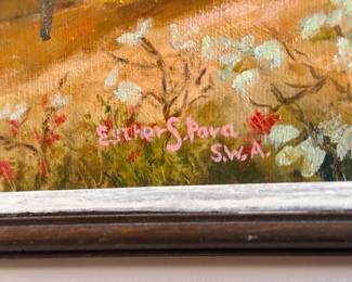 Framed oil painting by Esther S. Pava: 'Rev Alcott's Meeting House'