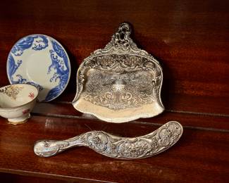 Antique Rococo silver plated engraved crumb brush and pan.