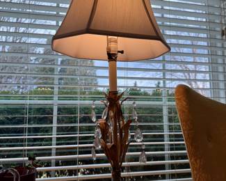 Art Nouveau style tall table lamp with gold leaves and dangling crystals ( 1 )
