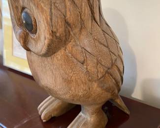 Large hand carved wood owl with big eyes and feet