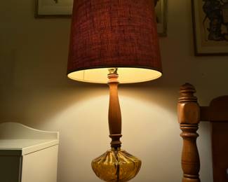 vintage amber glass and wood table lamp