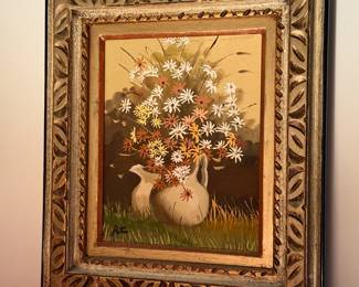 Framed, hand-painted and signed Daisy art