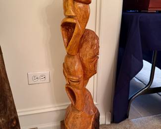 Artisan crafted, hand-carved wooded totem statue