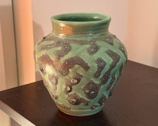 Green and Black pottery vase; signed
