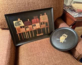 Vintage Couroc Bakelite Trays- MCM (Fishing, Owl) 