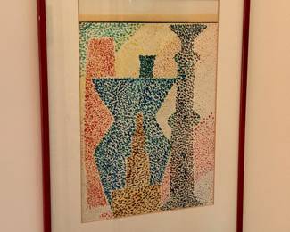 Framed pointillist artwork
