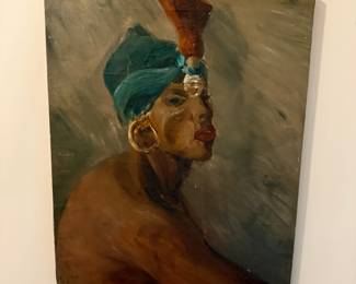 Native with turbin art; oil on canvas