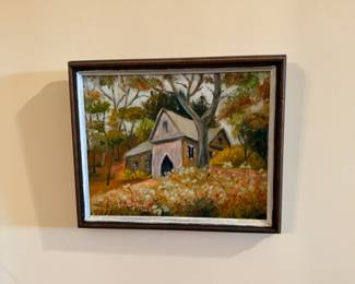Framed oil painting by Esther S. Pava: 'Rev Alcott's Meeting House'