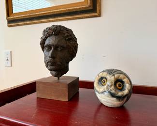 Vintage head sculpture and alabaster stone big eyed owl