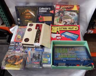 LOT VINTAGE TOYS, GAMES SOME NOS INCLUDING STAR TREK COLLECTOR'S EDITION, AXIS AND ALLIES, INDIANA JONES LEGOS, 