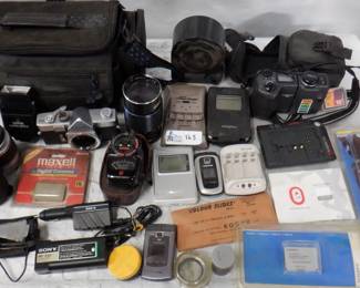 LOT CAMERA LENSES AND MORE INCLUDING COSINON AUTO TELEFOTO LENS, SAITEX MC AUTO ZOOM, CANON ZOOM LENS EF 28-90MM, MINOLTA SR-1 CAMERA BODY, NIKON COOLPIX 995, AND MORE