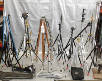 LARGE LOT TRIPODS, STANDS AND MORE INCLUDING LOWEL, TITAN	