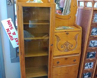 oak side by side secretary bookcase with a awesome rooster tv lamp 