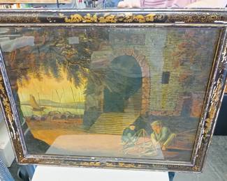 19th century Gouche on paper in frames, antique art 
