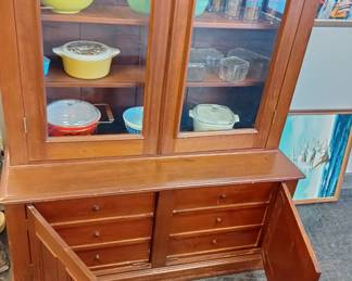 Antique bookcase/ cupboard with drawers with wavy glass awesome large piece, it is a two piece for easy transport 