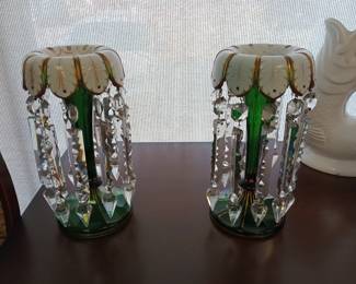 Bohemian green luster with prisms matching pair candle holders 