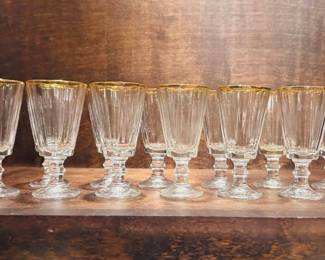 Set Of 12 Gold Rimmed Crystal Shot Glasses :: $50