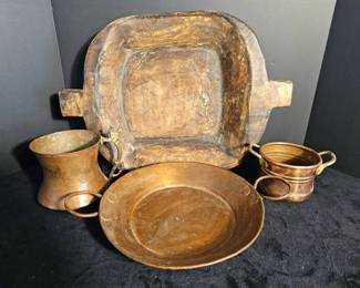Antique Wooden Parat Bowl Copper Pieces