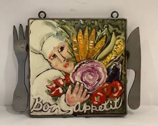 Vintage Nancy Thomas Folk Art Bon Appetit With Steel Fork Knife