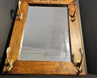 Heavy Oak Framed Mirror W Coat Hooks