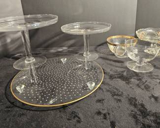 Three Lucite Cake Trays, Six Condiment Glasses Three Misc. Glassware