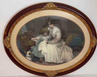 Oval Print Victorian Mother Teaching Daughter How to Sew