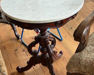 Mahogany carved wooden table with marble top also be resold for previous buyer who was unable to pick up with several other items purchased last week. Reserve price to cover her cost from last weeks purchase
