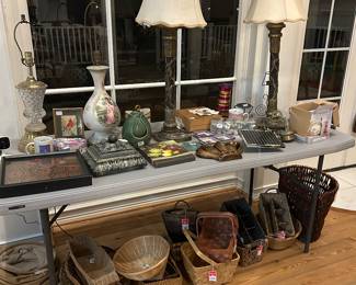 Collector items, including lamps, wicker baskets, and other home decor