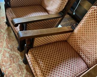 Two custom Wood carved cushions, antique chairs 
L 32” x D 27 1/2” x 41”